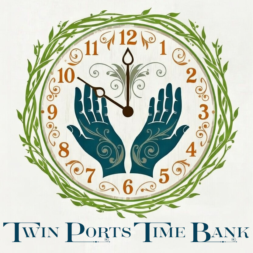 Twin Ports Time Bank logo — a clock with two open hands surrounded by a wreath of leaves